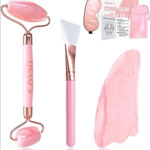 TICLO'S Rose Quartz Kit: Roller, Gua Sha, Face Brush, Silk Mask, Pouch. NIB